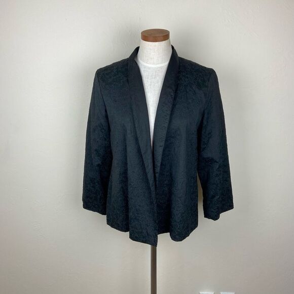 Eileen Fisher Silk Embroidered Open-Front Blazer Jacket - Black - Picture 1 of 6
